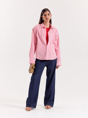 Pink & Red Striped Seersucker Cropped Shirt